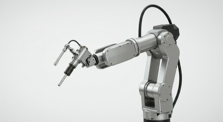 Industrial robot arm, metallic gray,  reaching out