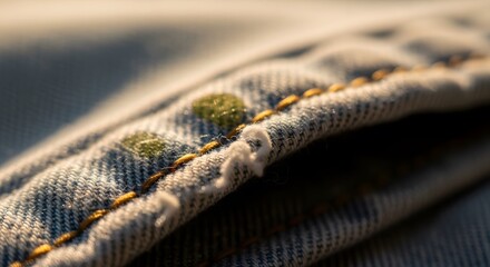 Close-up of generic fabric detail showing stitching frayed edges and water droplets lit by sunlight. The texture and color variations highlight the textile construction.
