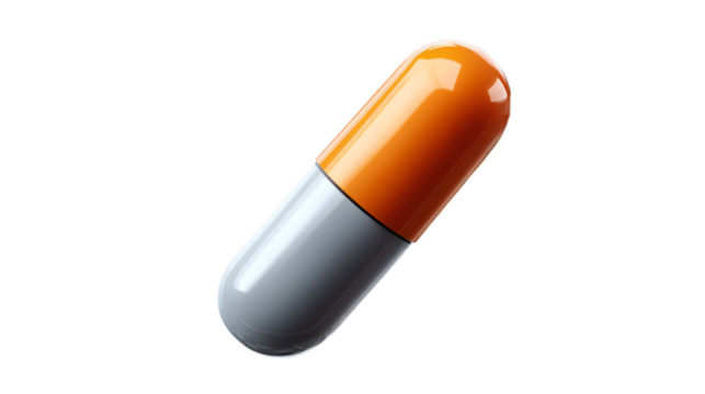 Isolated capsule showing medication with grey and orange colors against a transparent background, symbolizing medicine, treatment, or pharmaceutical concepts, silhouette - Powered by Adobe