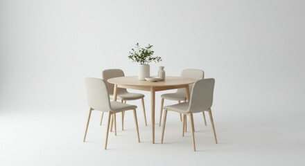 A light-colored wooden dining table and chairs in a minimalist setting.  A small plant sits on the table, with simple white décor