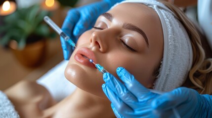 Woman receiving lip injections; gloved hands administer procedure