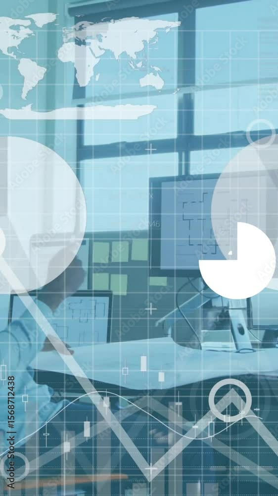 Poster animation of financial data processing over african american businessman using computer