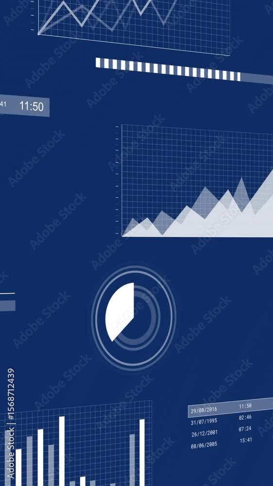 Poster animation of scanners and charts processing data on dark blue background