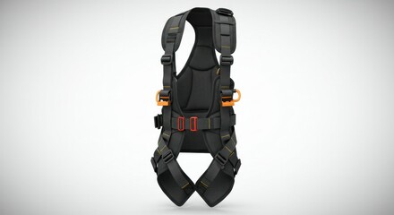 Fototapeta premium Safety harness, black with orange accents, back view. Realistic 3D model