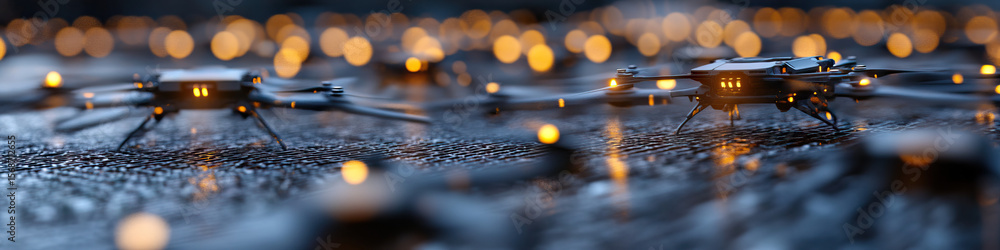 Poster multiple drones on textured surface with illuminated details