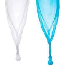 Milk yogurt white blue water droplet shape form fly splashing. Milk blue lotion pour float in mid air. Milk moisturizer explosion throw fluttering. White background isolated high speed shutter freeze