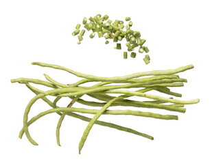 Long yard bean fly explosion, many group green long beans for food cooking float in air. Raw long yard bean throw in mid air as food material. White background isolated high speed freeze motion