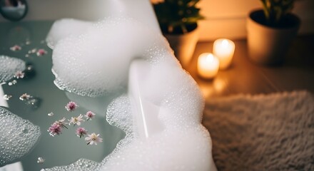 Close-up of a luxurious bubble bath with floating flowers and lit candles creating a relaxing spa atmosphere indoors with green plants on the side of the tub.