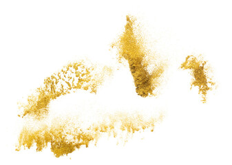 Gold metallic glitter sparkle explosion in air. Golden Glitter sand spark blink celebrate Chinese new year, fly throw gold glitters particle. White background isolated, selective focus Blur bokeh