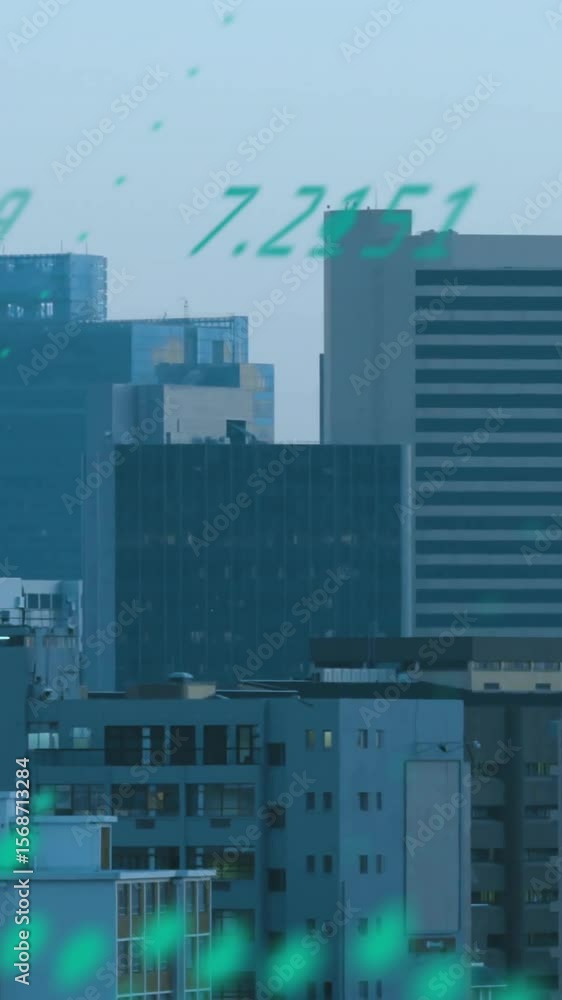 Poster animation of diagrams and data processing over cityscape