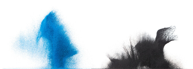 Small size black blue Sand flying explosion, carbon dust sands grain explode. Abstract cloud fly. Black blue colored sand splash throwing in Air. White background Isolated high speed shutter
