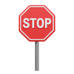 Obraz premium Red octagonal stop sign with white lettering, mounted on a gray pole, isolated on a transparent background, png, cutout 