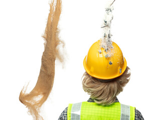 Back view caucasian blonde female construction industrial worker wear yellow hard hat safety vast. Snow nails nuts bolts supply fall down into head of engineer as accident. White background isolated