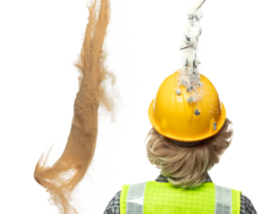 Back view caucasian blonde female construction industrial worker wear yellow hard hat safety vast. Snow nails nuts bolts supply fall down into head of engineer as accident. White background isolated