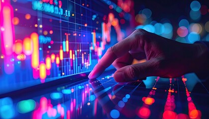 A hand traces a neon-lit investment path, surrounded by immersive trading data overlays, VR-style financial widgets, and decentralized asset indicators, with bokeh effects and a dark background.