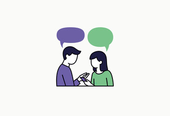 A modern flat design illustration of two people talking while looking at a smartphone, symbolizing digital communication, collaboration, or sharing on social media.
