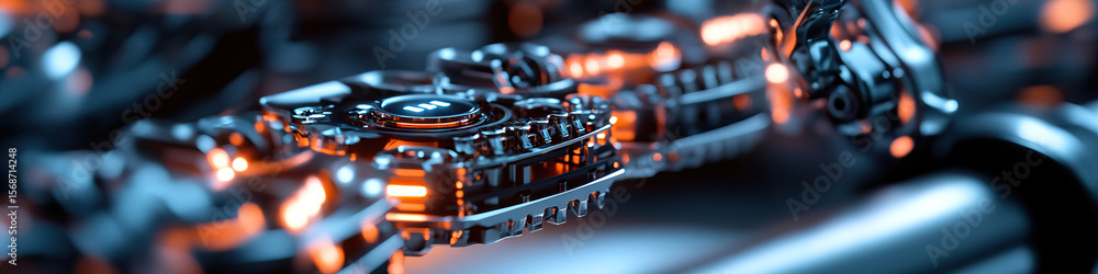 Poster close-up of metallic mechanism with illuminated button