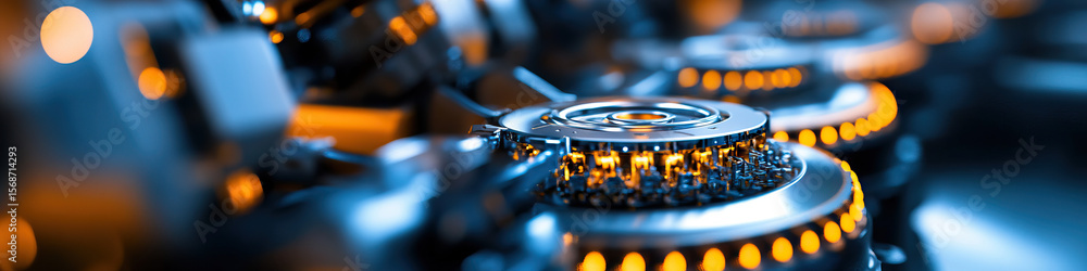Aufkleber close-up of multiple hard drive platters with illuminated internal components