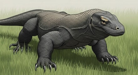Obraz premium Illustration of a large reptile walking through a grassy field
