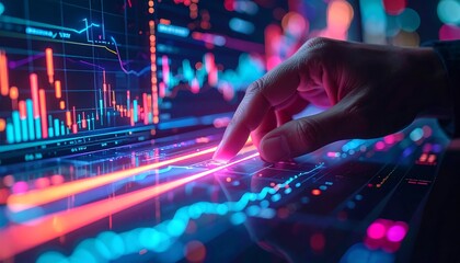 A hand traces a neon-lit investment path, surrounded by immersive trading data overlays, VR-style financial widgets, and decentralized asset indicators, with bokeh effects and a dark background.