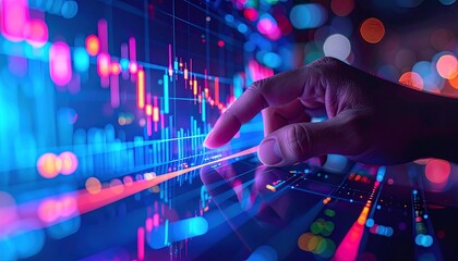 A hand traces a neon-lit investment path, surrounded by immersive trading data overlays, VR-style financial widgets, and decentralized asset indicators, with bokeh effects and a dark background.