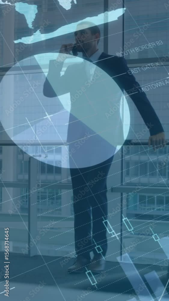 Poster animation of financial data and graphs over caucasian businessman using smartphone