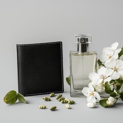 Elegant black leather wallet, perfume, and spring blossoms