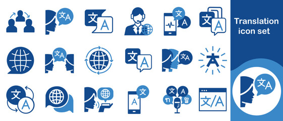 Translation icon set, hieroglyph, computer, speaking, teacher, vocabulary, skills, writing, textbook, application, phone, mic, Chinese, sign, dialogue, English, talk, microphone and more