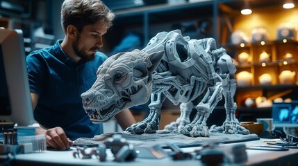 Bearded man examines intricate robotic wolf creation in workshop, bathed in soft light