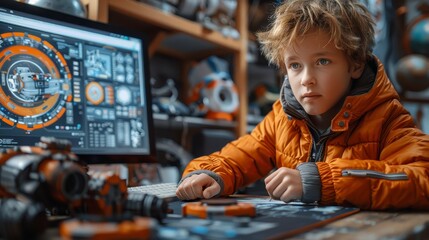 Boy at computer, focused on a complex display, surrounded by gear