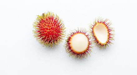 Vibrant Rambutan Fruit: Whole and Peeled Tropical Delicacy on White Background