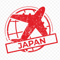 Red aviation stamp of the country of Japan. Vector illustration with grunge effect on transparent background