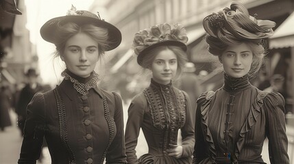 Three women in vintage dresses and elaborate hats walking on a city street