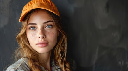 Woman with blue eyes/freckles wears orange hat, casual denim jacket on dark blurred background