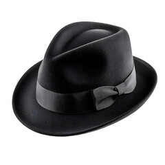 Classic black fedora hat with a grosgrain ribbon band and bow detail isolated on transparent background