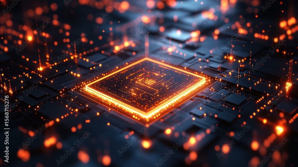 Poster abstract glowing cpu on circuit board, digital technology