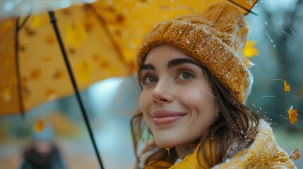 Young woman smiling under yellow umbrella with falling leaves