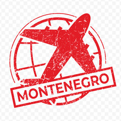 Red aviation stamp of the country of Montenegro. Vector illustration with grunge effect on transparent background