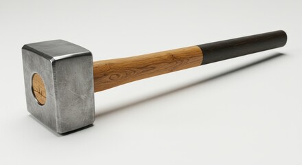 A sturdy, square-headed hammer, light gray metal head, light brown wooden handle