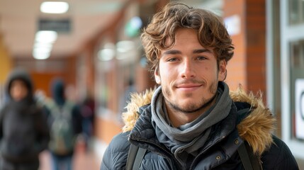 Smiling young man in winter coat & scarf in a blurry hall