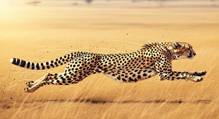 Cheetah running fast across African savannah, wild animal pursuit