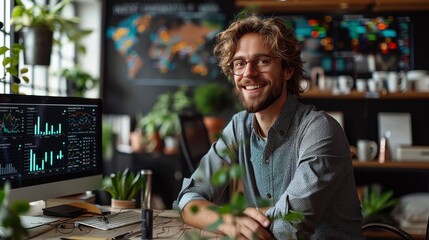 Smiling man sits at a desk with a computer showing graphs