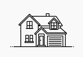 Fototapeta premium A modern and minimalist line art icon of a family home with a garage and dormer, a perfect vector symbol for real estate, mortgage, or property websites. 