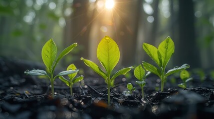 Seedlings grow from dark soil, sunbeams shining through a forest, promising new life