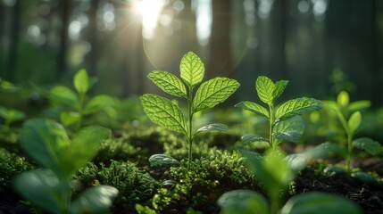 Young green plants sprout from mossy ground in a sun-dappled forest