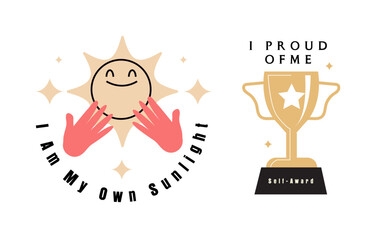 Motivational vector design showing self-love and self-recognition. Includes smiling sun, loving hands, and a self-award trophy with empowering messages.
