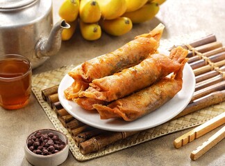 Piscok, Pisang Coklat Karamel. Caramel Chocolate banana is snack made from bananas. Banana Caramel itself is made from a combination of banana with chocolate jam coated in spring roll skin 