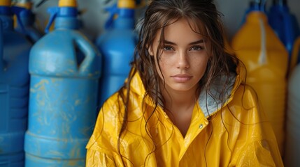 Wet-haired woman in yellow raincoat poses against a background of colorful, distressed plastic containers