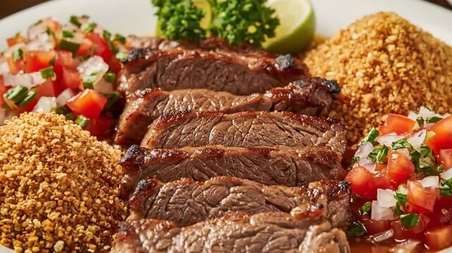 Close up view of sliced and cooked meat showing the texture and glistening surface of the meat cuts