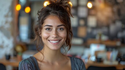 Smiling young woman with messy bun, interior background, warm bokeh